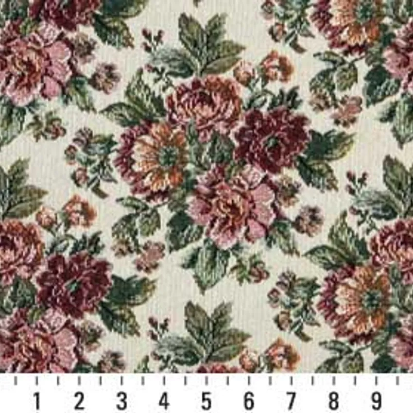 Cream Beige and Magenta Rose Bouquet Floral Tapestry Upholstery Fabric — Scale in inches