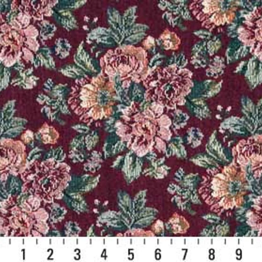 Wine Burgundy and Pale Pink Rose Bouquet Floral Tapestry Upholstery Fabric — Scale in inches