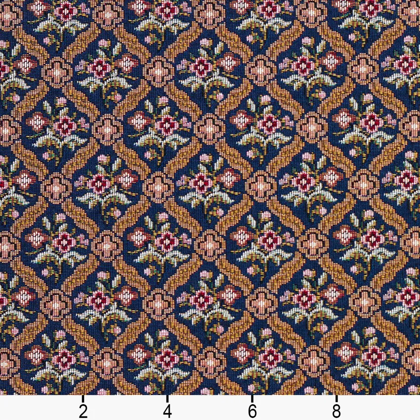 Red and Pink and Gold Floral Diamond Accent Tapestry Upholstery Fabric — Scale in inches