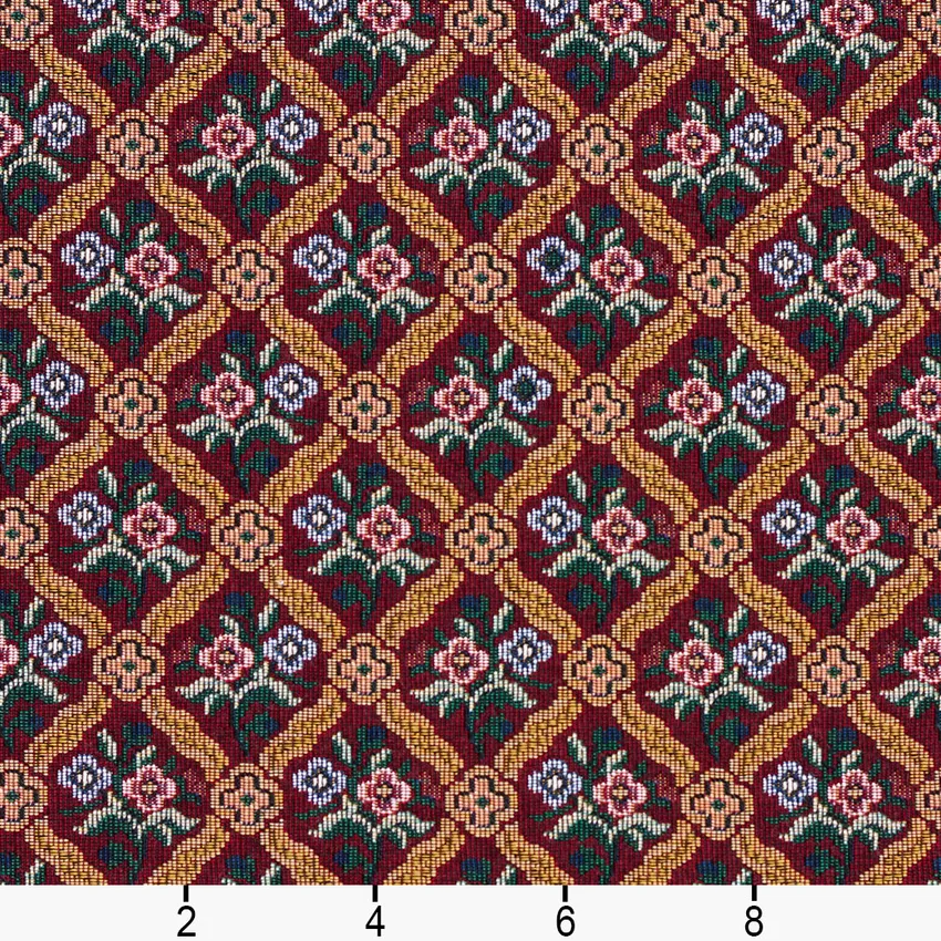 Burgundy and Coral Gold Floral Diamond Accent Tapestry Upholstery Fabric — Scale in inches