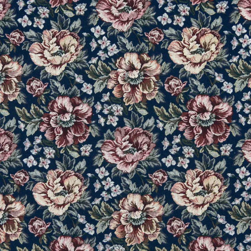 Red Burgundy and Dark Blue Floral Rose Tapestry Upholstery Fabric