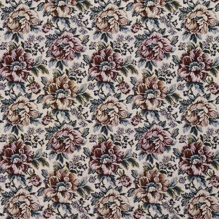 Cream Beige and Burgundy Floral Rose Tapestry Upholstery Fabric