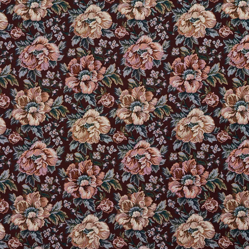 Tan Beige and Burgundy Floral Rose Tapestry Upholstery Fabric