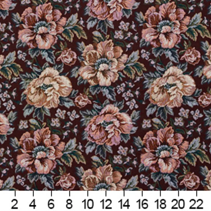 Tan Beige and Burgundy Floral Rose Tapestry Upholstery Fabric — Scale in inches