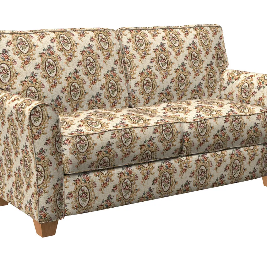 Gold Tan and Coral Floral Heirloom Tapestry Upholstery Fabric — Fabric on furniture