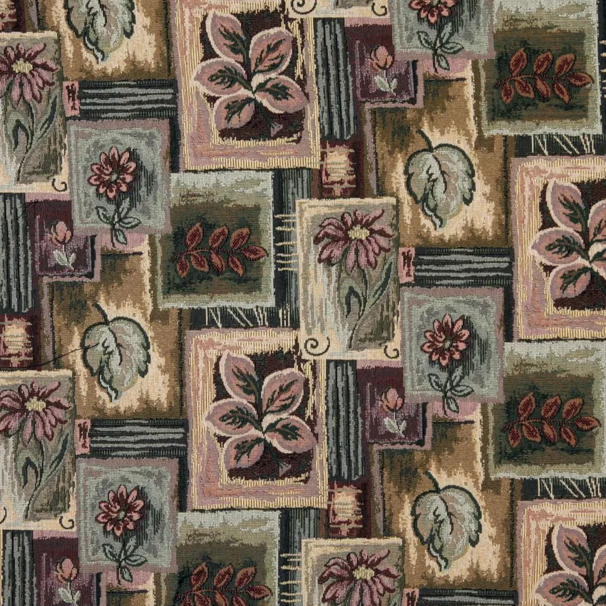 Burgundy and Dark Green Floral Collage Upholstery Fabric