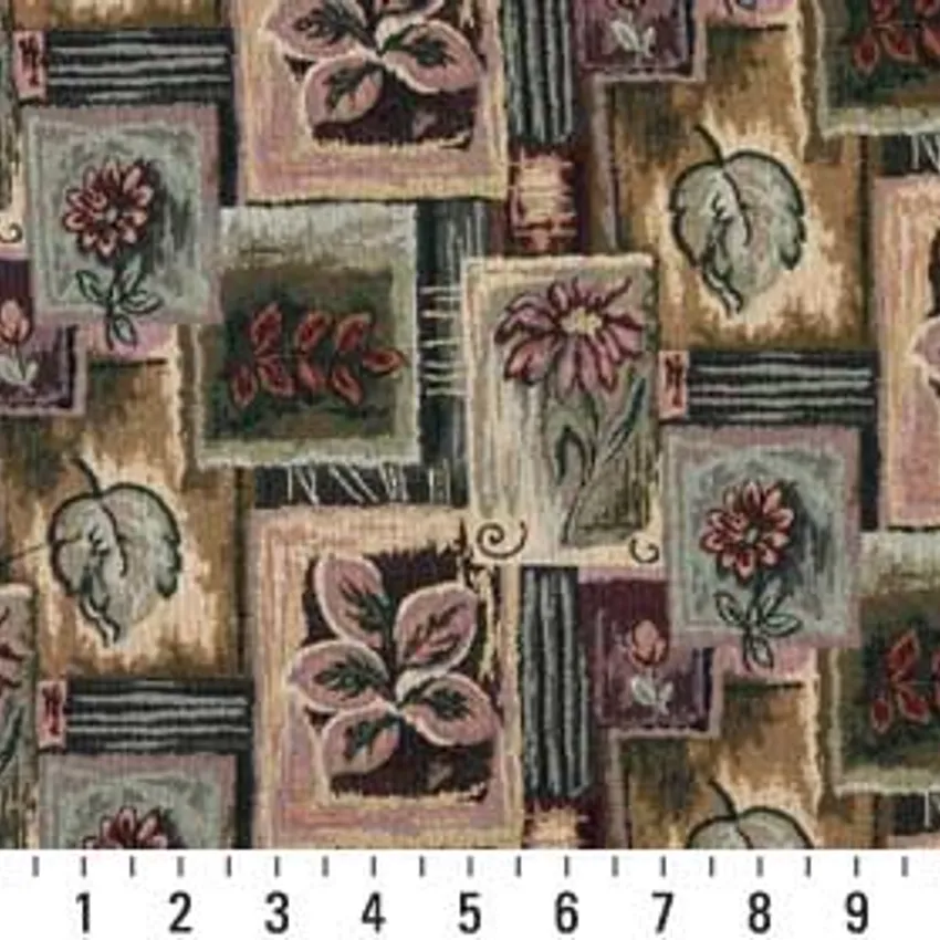 Burgundy and Dark Green Floral Collage Upholstery Fabric — Scale in inches