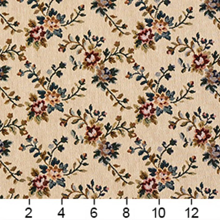 Blue Aqua and Red Floral Foliage Vines  Upholstery Fabric — Scale in inches