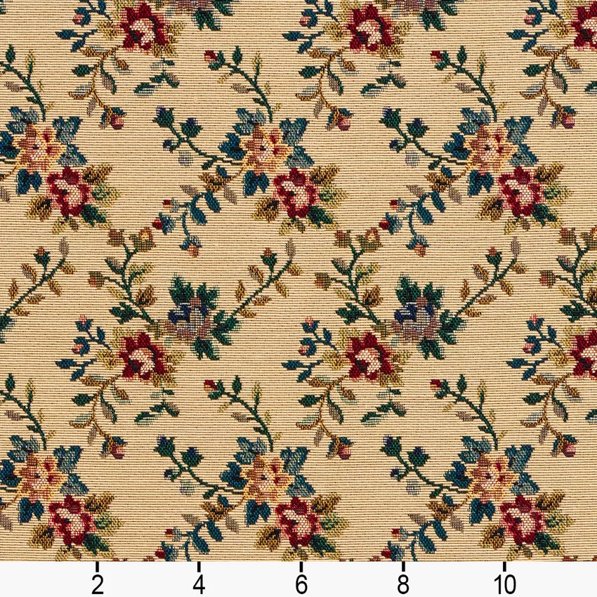 Aqua and Burgundy Floral Tapestry Upholstery Fabric — Scale in inches