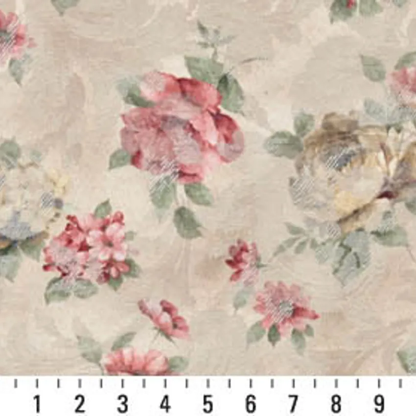Praline Beige and Salmon Rose Bouquet Floral Woven Accent Damask Upholstery Fabric — Scale in inches