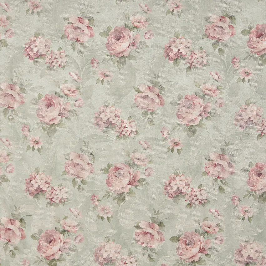Light Pink and Light Green Rose Bouquet Floral Woven Accent Damask Upholstery Fabric