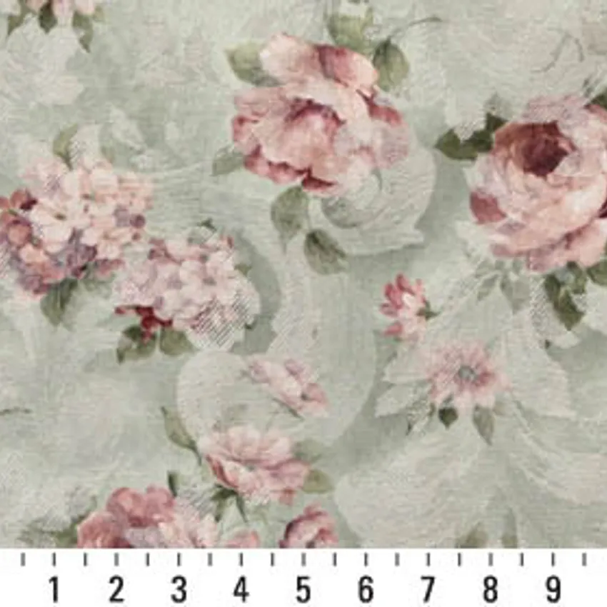 Light Pink and Light Green Rose Bouquet Floral Woven Accent Damask Upholstery Fabric — Scale in inches