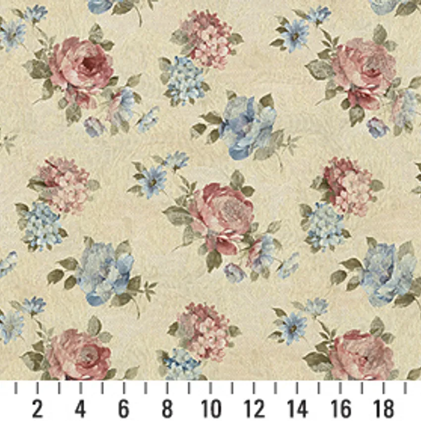Rose Coral and Bisque Green Rose Bouquet Floral Woven Accent Damask Upholstery Fabric — Scale in inches