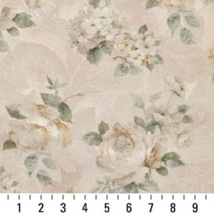 Thyme Gold and Light Green Rose Bouquet Floral Woven Accent Damask Upholstery Fabric — Scale in inches