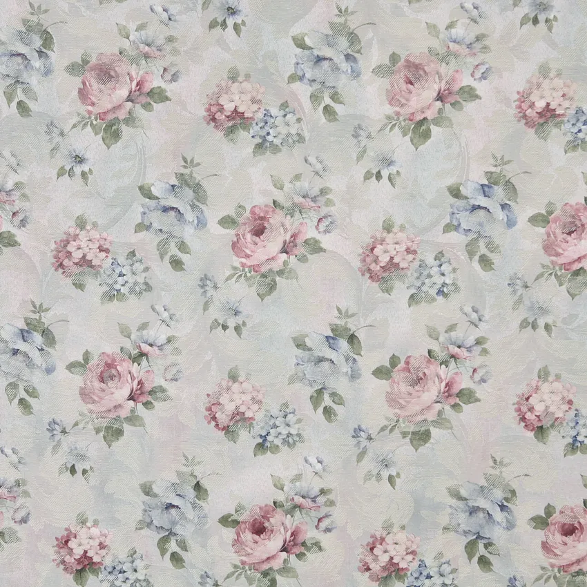 Azure and Light Green Rose Bouquet Floral Woven Accent Damask Upholstery Fabric