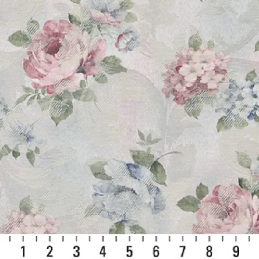 Azure and Light Green Rose Bouquet Floral Woven Accent Damask Upholstery Fabric — Scale in inches