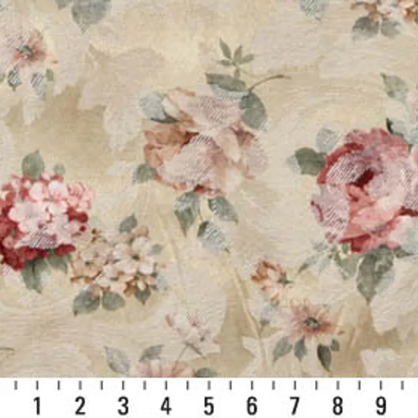 Red Coral and Gold Rose Bouquet Floral Woven Accent Damask Upholstery Fabric — Scale in inches
