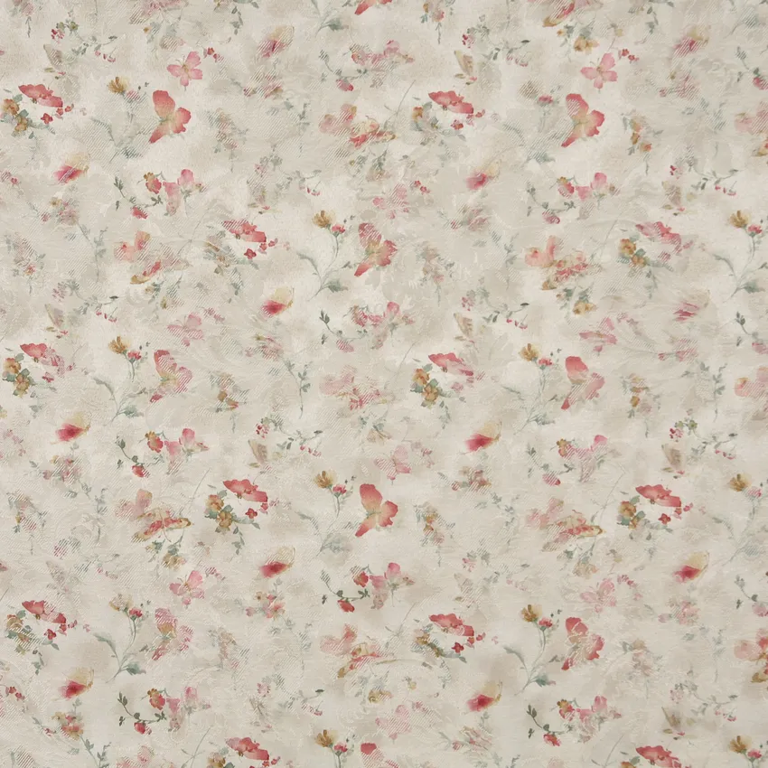 Red Coral and Gold Tan Watercolor Butterfly Woven Floral Damask Upholstery Fabric