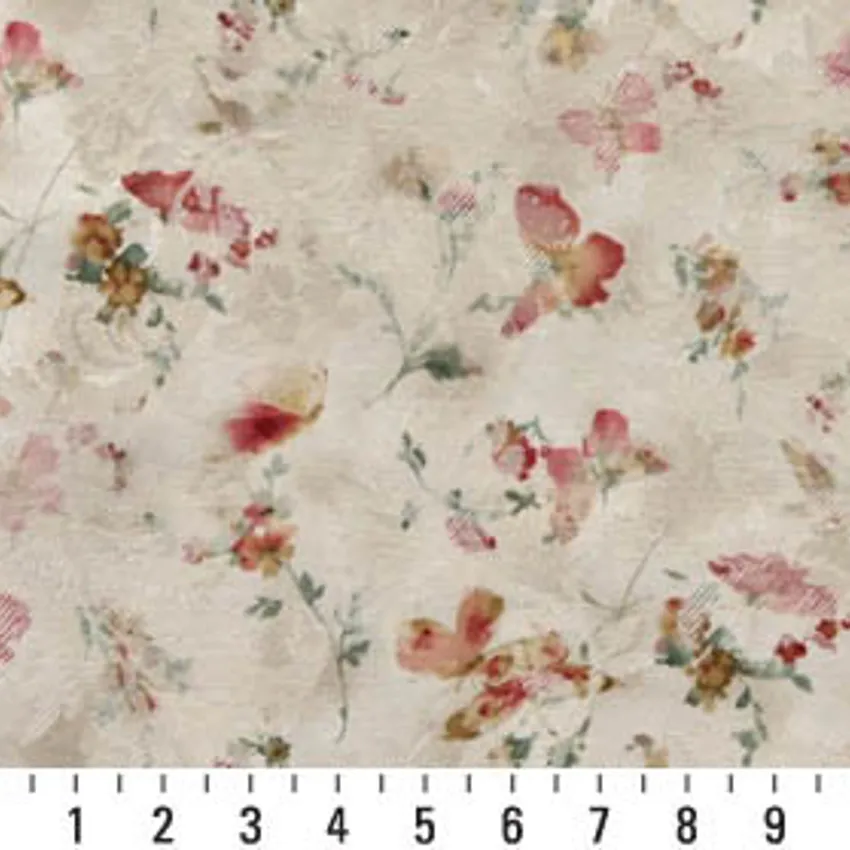Red Coral and Gold Tan Watercolor Butterfly Woven Floral Damask Upholstery Fabric — Scale in inches