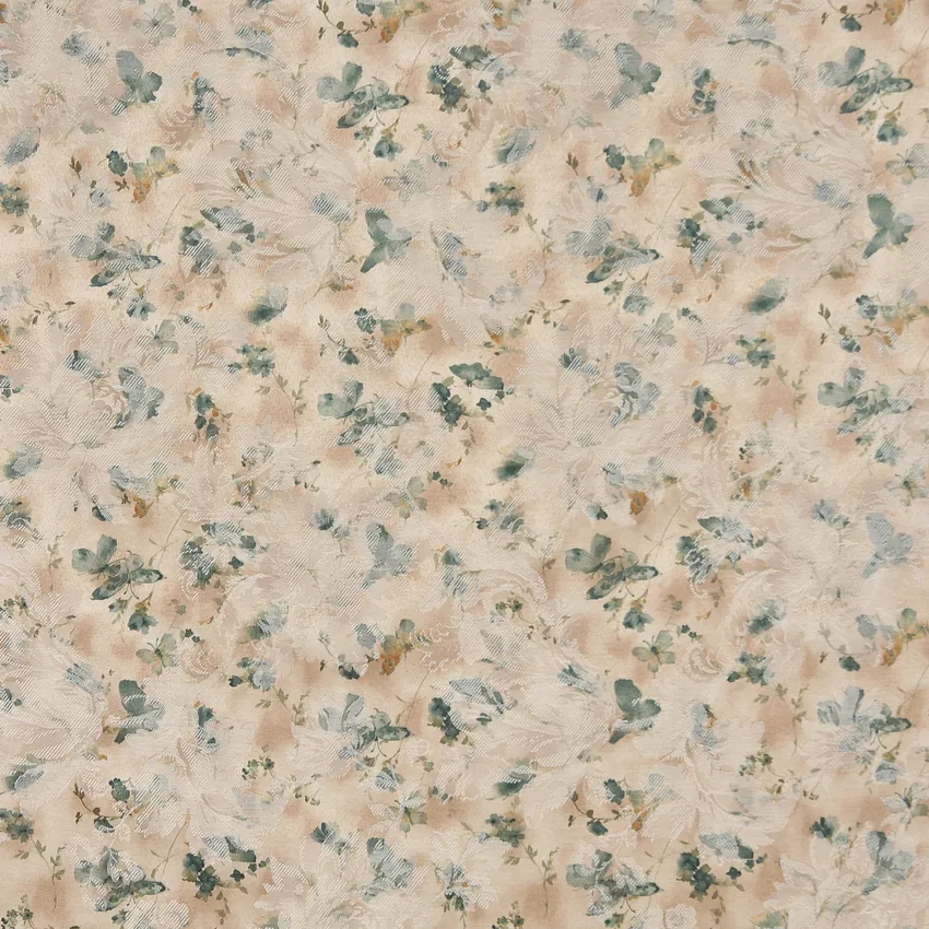 Forest Dark Green and Gold Tan Watercolor Butterfly Woven Floral Damask Upholstery Fabric