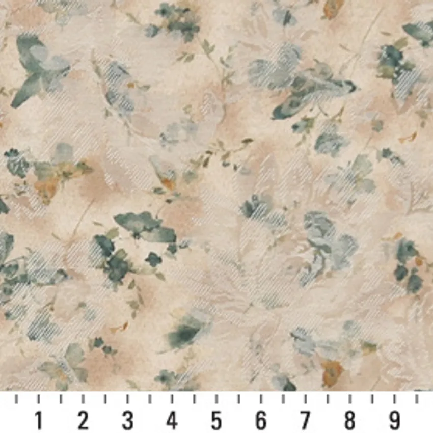Forest Dark Green and Gold Tan Watercolor Butterfly Woven Floral Damask Upholstery Fabric — Scale in inches