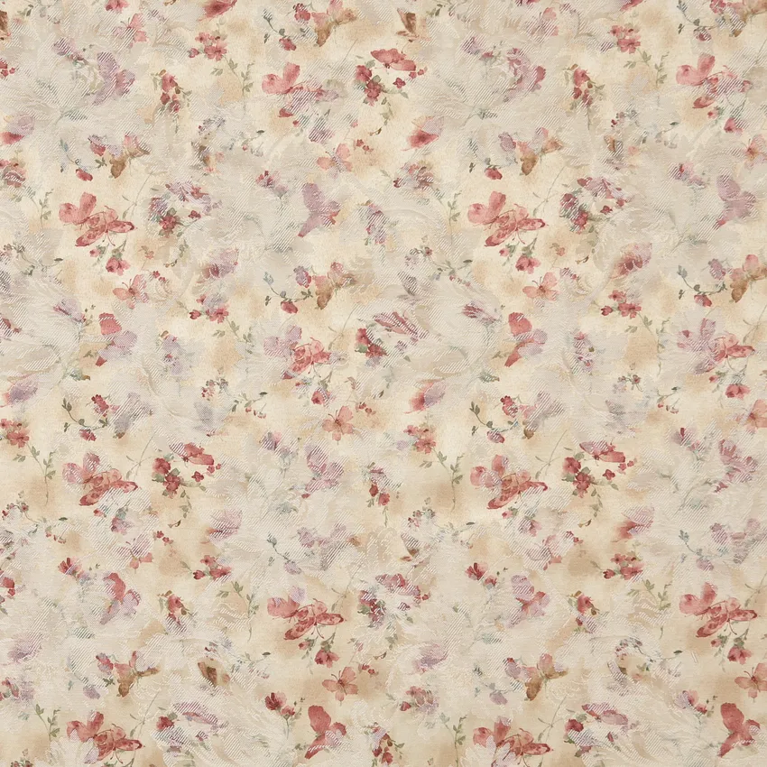 Saffron Coral and Gold Tan Watercolor Butterfly Woven Floral Damask Upholstery Fabric