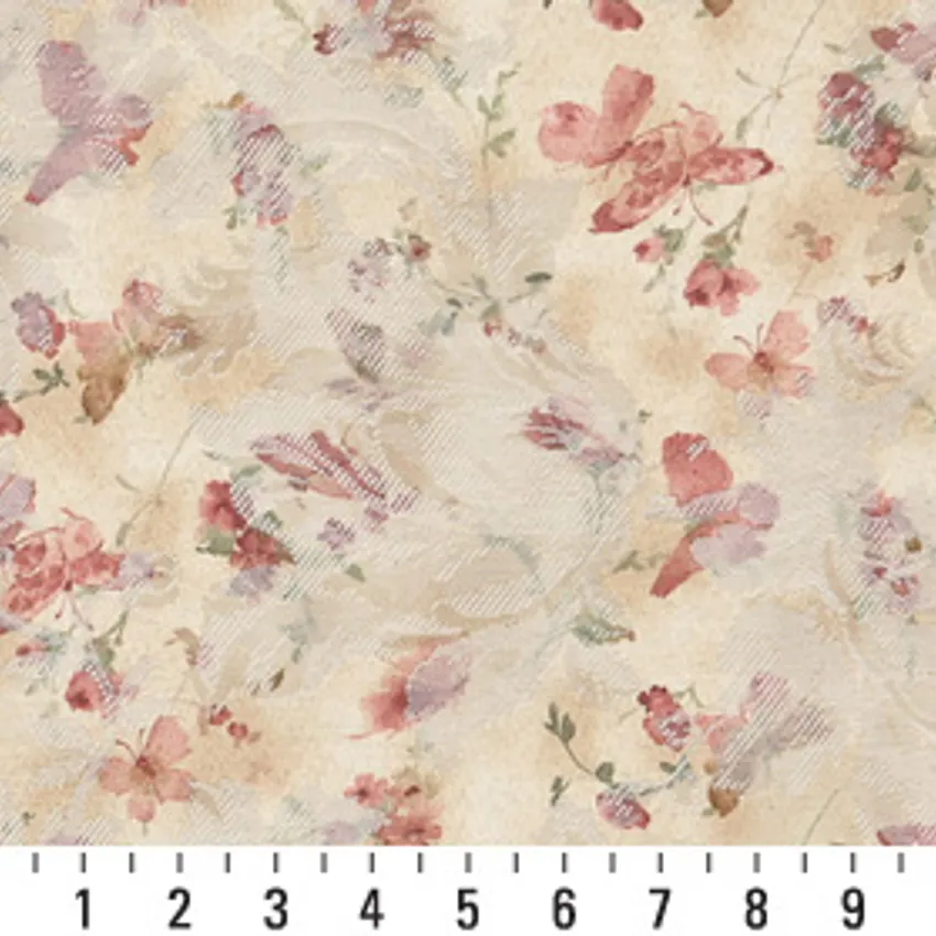 Saffron Coral and Gold Tan Watercolor Butterfly Woven Floral Damask Upholstery Fabric — Scale in inches