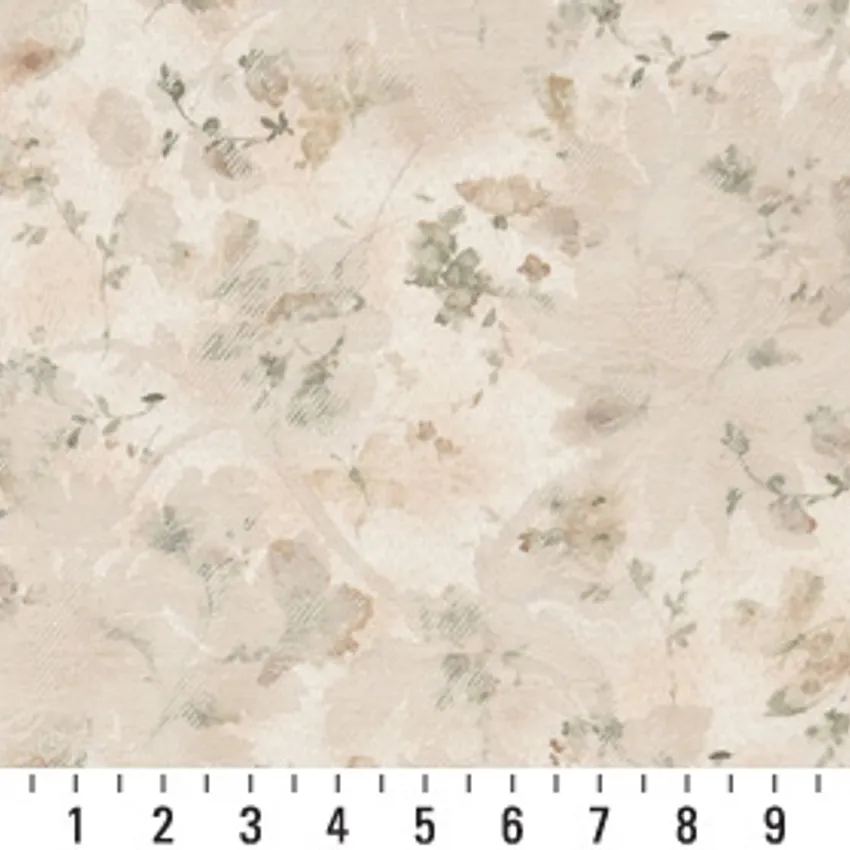 Cream Beige and Mint Green Watercolor Butterfly Woven Floral Damask Upholstery Fabric — Scale in inches