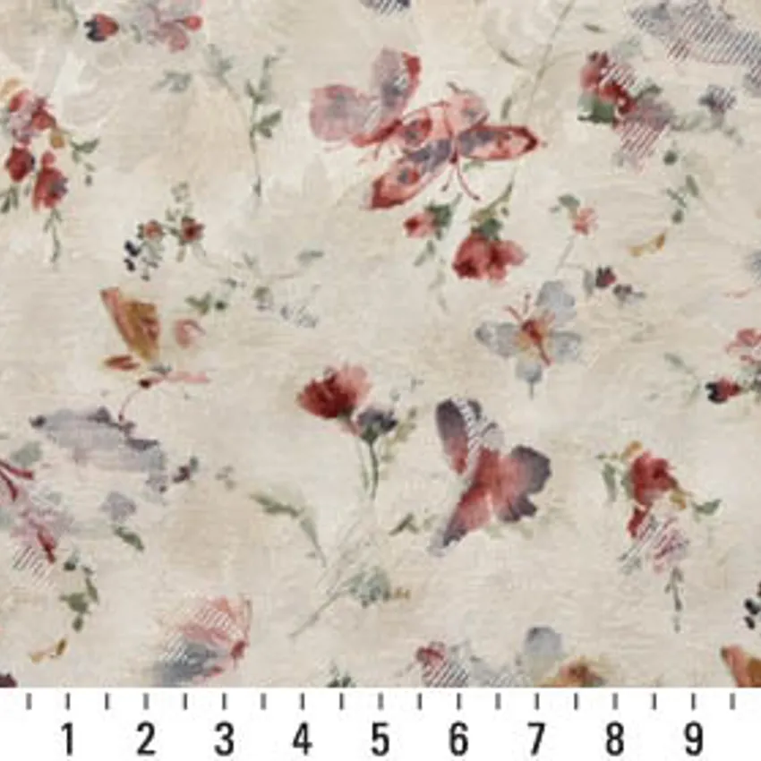 Bronze Gold and Pink Watercolor Butterfly Woven Floral Damask Upholstery Fabric — Scale in inches