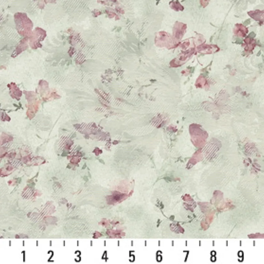 Mint Coral and Light Green Watercolor Butterfly Woven Floral Damask Upholstery Fabric — Scale in inches