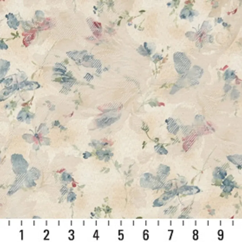 Azure Aqua and Tan Watercolor Butterfly Woven Floral Damask Upholstery Fabric — Scale in inches
