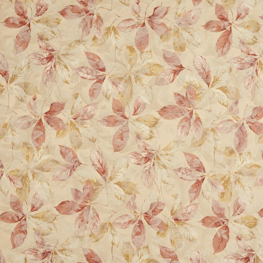 Coral Red and Gold Tan Large Woven Accent Foliage Damask Upholstery Fabric