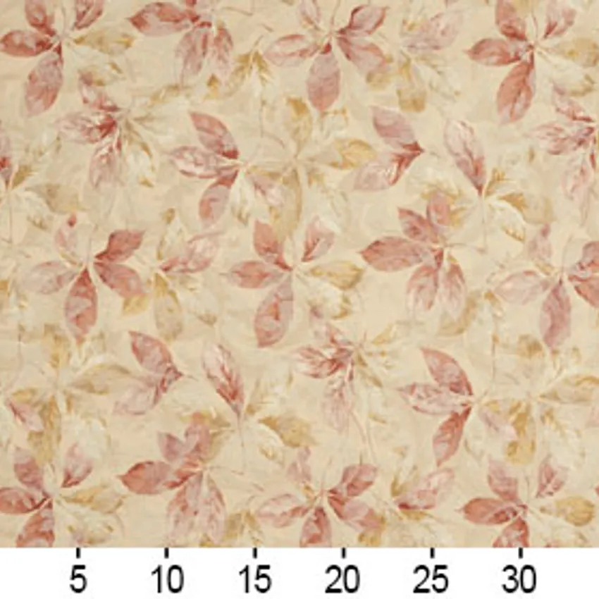 Coral Red and Gold Tan Large Woven Accent Foliage Damask Upholstery Fabric — Scale in inches
