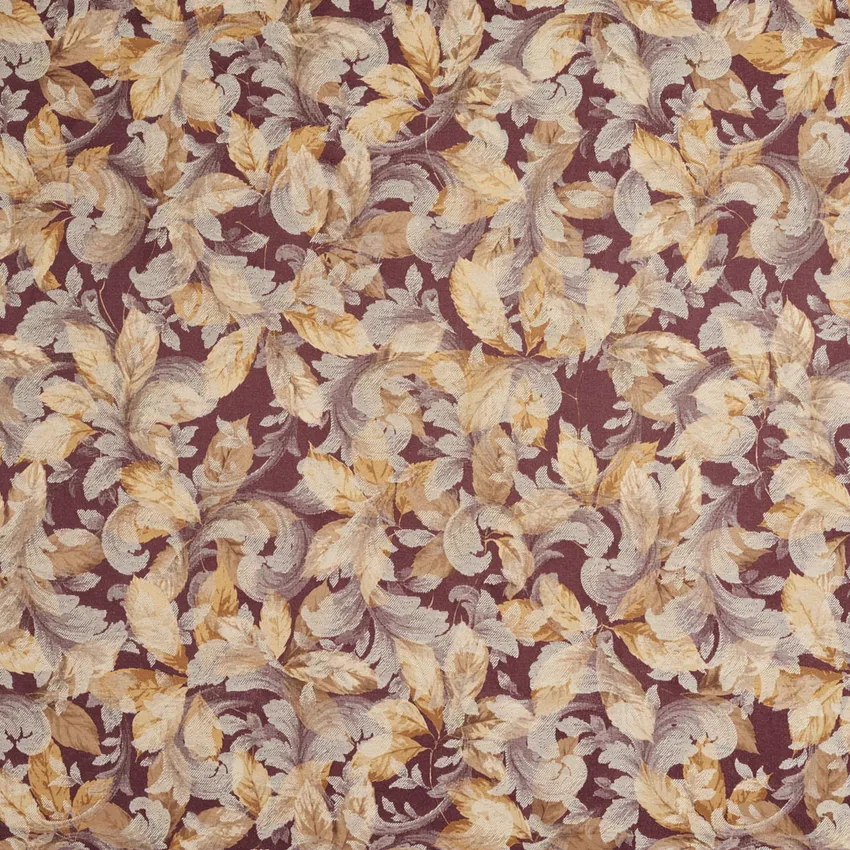 Tan Beige and Gold Burgundy Large Woven Accent Foliage Damask Upholstery Fabric