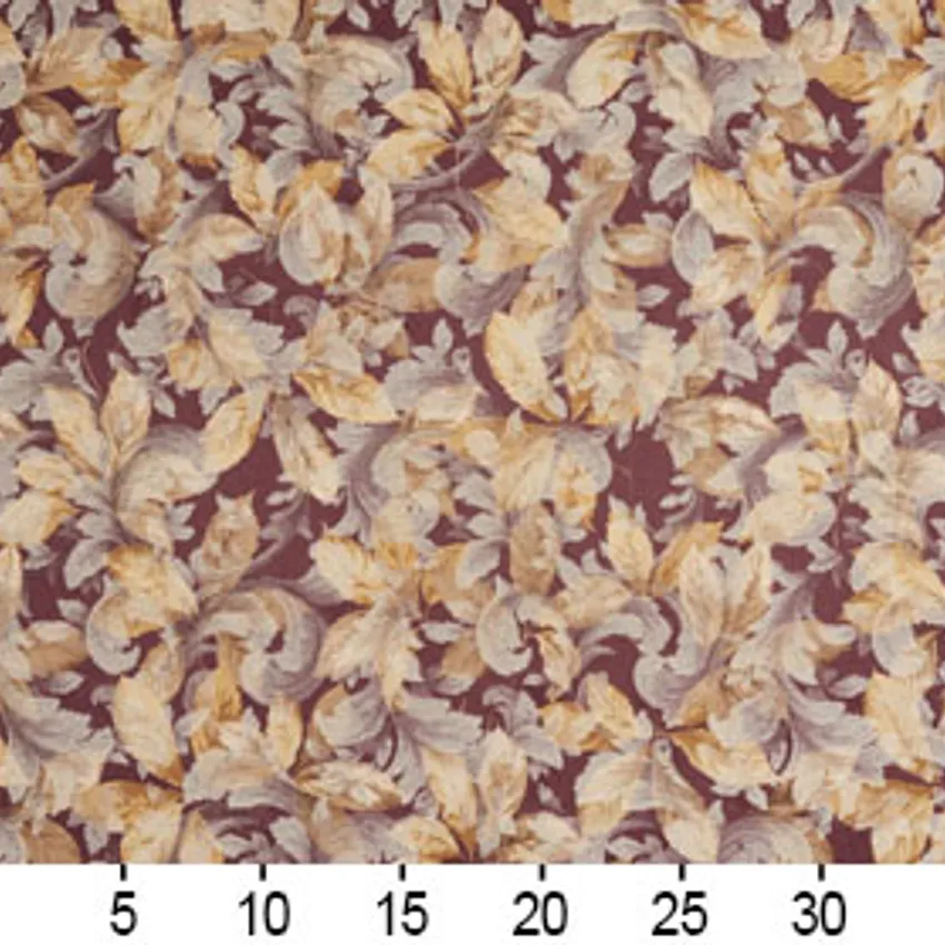 Tan Beige and Gold Burgundy Large Woven Accent Foliage Damask Upholstery Fabric — Scale in inches
