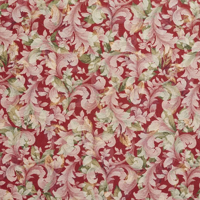 Red Burgundy and Dark Green Large Woven Accent Foliage Damask Upholstery Fabric