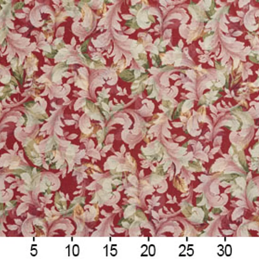 Red Burgundy and Dark Green Large Woven Accent Foliage Damask Upholstery Fabric — Scale in inches