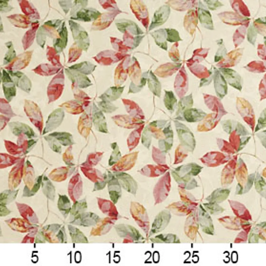 Burgundy Light Green and Gold Woven Accent Foliage Damask Upholstery Fabric — Scale in inches