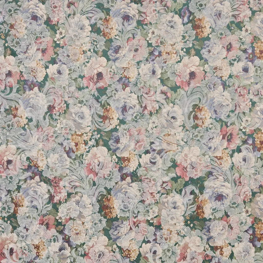 Azure Coral Rose  and Mint Green Victorian Woven Floral Accent  Damask Upholstery Fabric