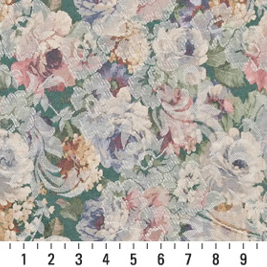 Azure Coral Rose  and Mint Green Victorian Woven Floral Accent  Damask Upholstery Fabric — Scale in inches
