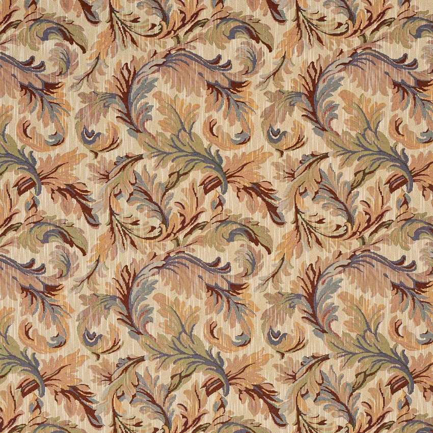 Ecru Beige and Burgundy  Jacobean Foliage Upholstery Fabric 