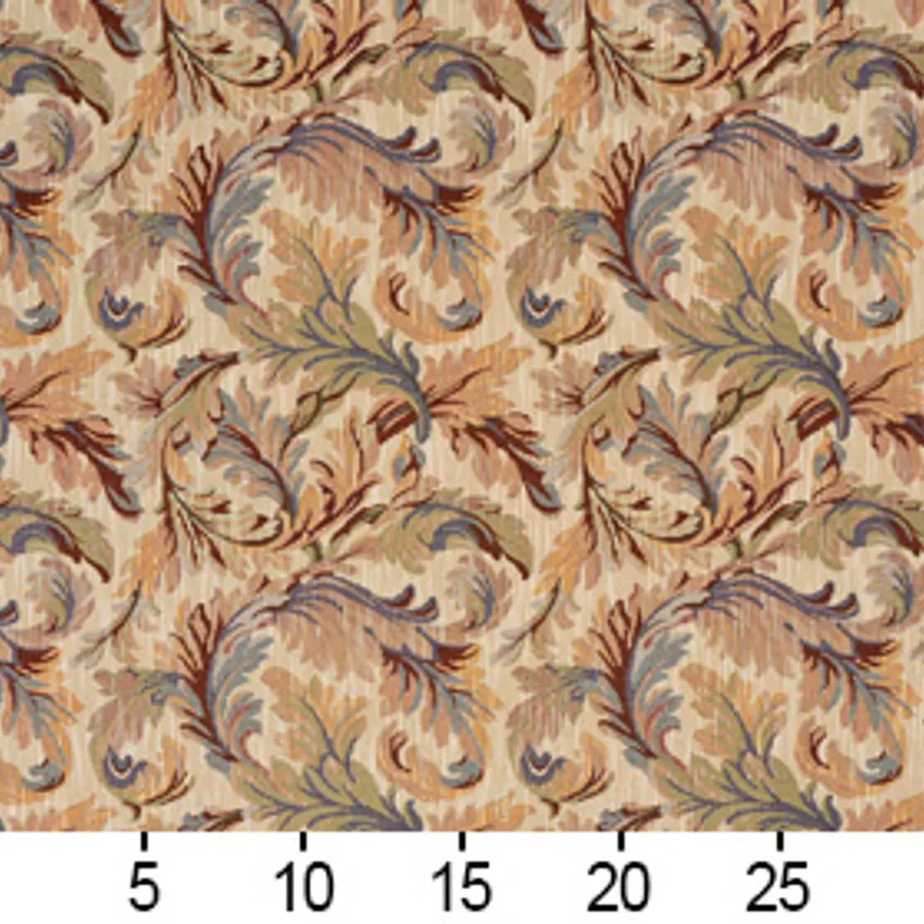 Ecru Beige and Burgundy  Jacobean Foliage Upholstery Fabric  — Scale in inches