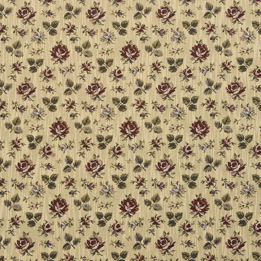 Cream and Burgundy Green Flower Bud Foliage Tapestry Upholstery Fabric