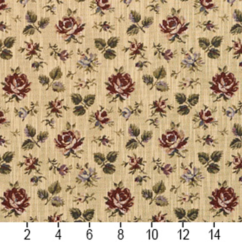 Cream and Burgundy Green Flower Bud Foliage Tapestry Upholstery Fabric — Scale in inches