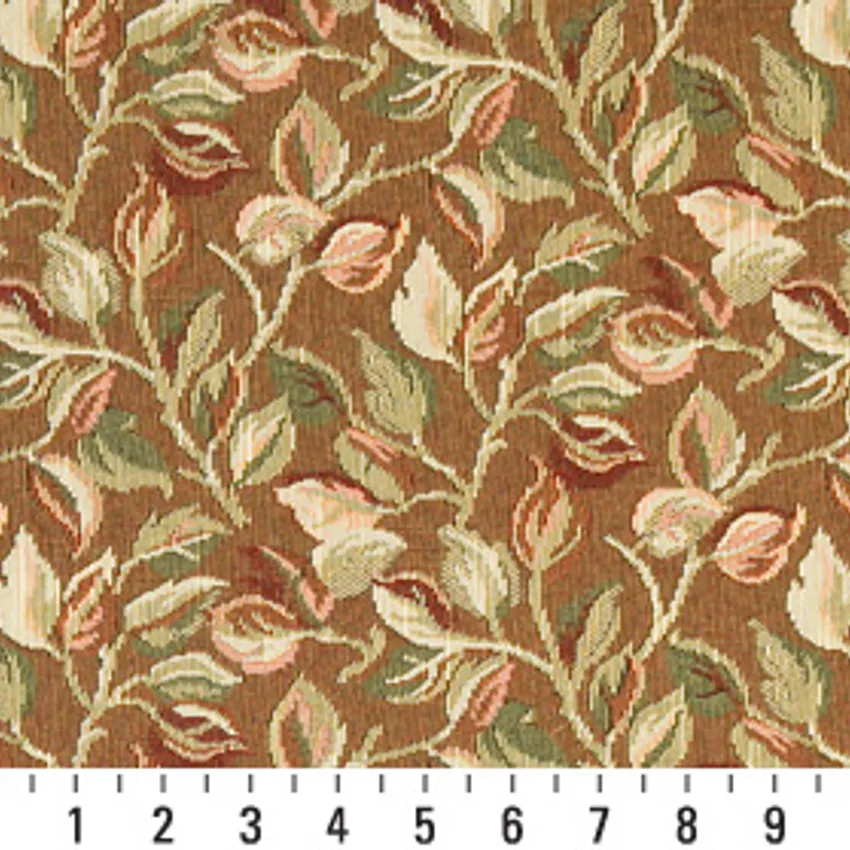 Beige and Brown Flower Bud Foliage Tapestry Upholstery Fabric — Scale in inches