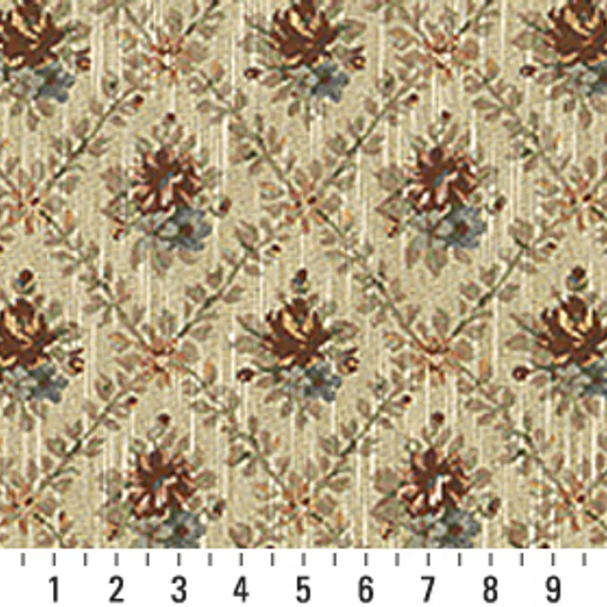 Vanilla Beige and Burgundy Dimond Floral Country  Upholstery Fabric — Scale in inches