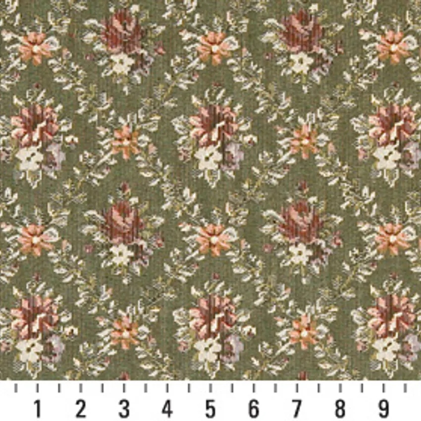 Mint Green and Burgundy Dimond Floral Country  Upholstery Fabric — Scale in inches
