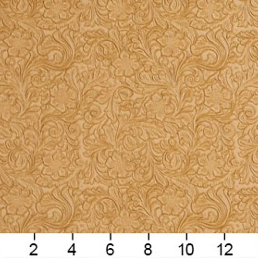 Latte Beige and Gold Floral Embossed Vinyl Upholstery Fabric — Scale in inches