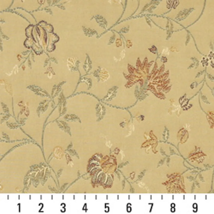Saffron Gold and Light Green Floral Brocade Upholstery Fabric by the Yard — Scale in inches