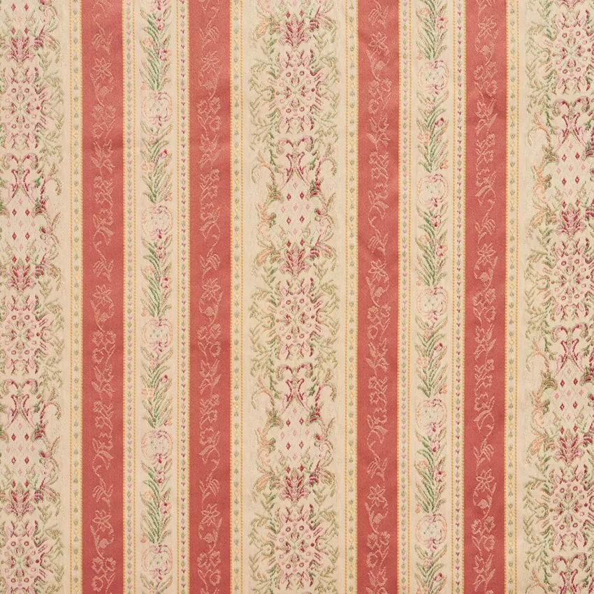 Prairie Rose Beige and Coral Pink Heirloom Floral Stipe Brocade Upholstery Fabric
